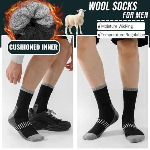 VoJoPi Wool Hiking Socks for Men 5 Pairs, Thermal Winter Warm Moisture Wicking Full Cushioned Crew Boot Socks Size 7-12