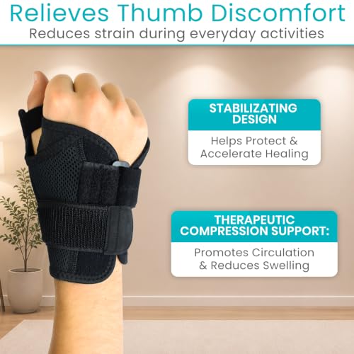 Thumb and Wrist Brace for Right or Left Hand - Adjustable Support with Splints - Small Black
