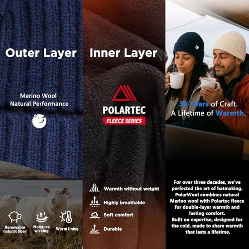 TOP-EX PolarWool¢â L/XL/XXL 100% Merino Wool Beanie Fleece Lined Hat Watch Cap for Cold Weather Winter Warm