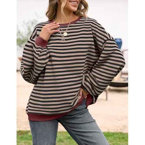 UEU Women Oversized Striped Crewneck Sweatshirt Long Sleeve Color Block Pullover Tops Casual Loose Workout Shirt