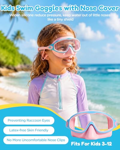 Pink Purple Kids Swim Goggles with Nose Cover, Wide View Anti-Fog UV Protection - 2 Pack