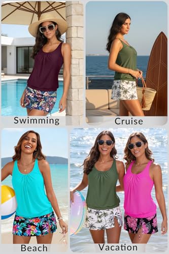 Yonique Blouson Tankini Swimsuit with Skirt - Medium Purple Leaves