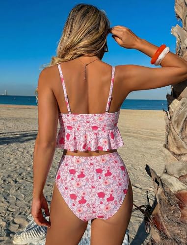 Pink Floral High Waist Bikini Set with Ruffle Trim and V Neck - Medium