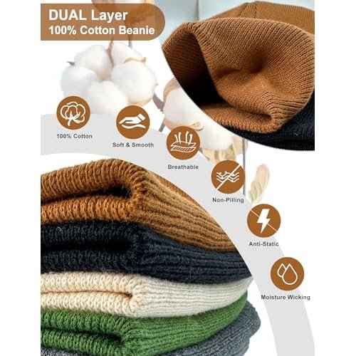 100% Cotton Beanie Hat for Men Women - Soft Unisex Winter Knit Skull Cap, Stretch Fit Fashion Fisherman Beanie