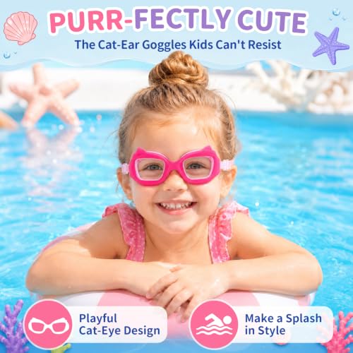 Toddler Swim Goggles with Cat Ears & Strawberry Scale - Anti-Fog, Fabric Strap, Age 2-8