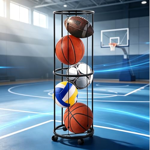Heavy Duty Black Rolling Ball Storage Rack for Sports Equipment - Fits Basketball, Soccer, Volleyball, Football - Qevylentte