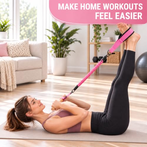 Pink Resistance Band Pedal Set with Wood Handle & Wide Foot Pedals - 3 x 30 lb Tubes