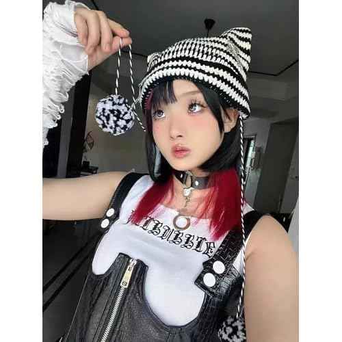 Y2k Beanies Crochet Knitted Cat Hats Goth Cross Devil Hat Striped Alt Emo Accessories Grunge Y2k Aesthetic Clothes