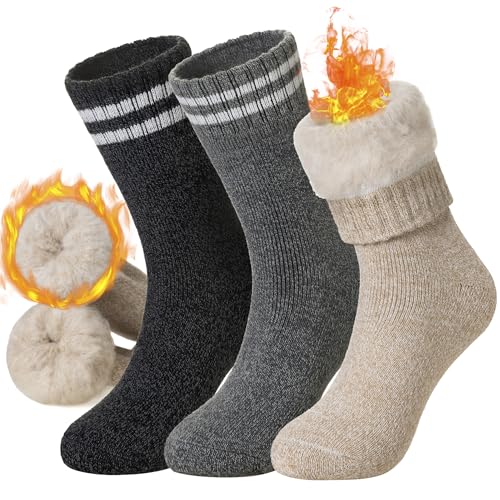 Thermal Ski Socks for Women - Extra Thick Insulated Winter Crew Socks with Variation Black, Khaki, Grey - 3 Pairs