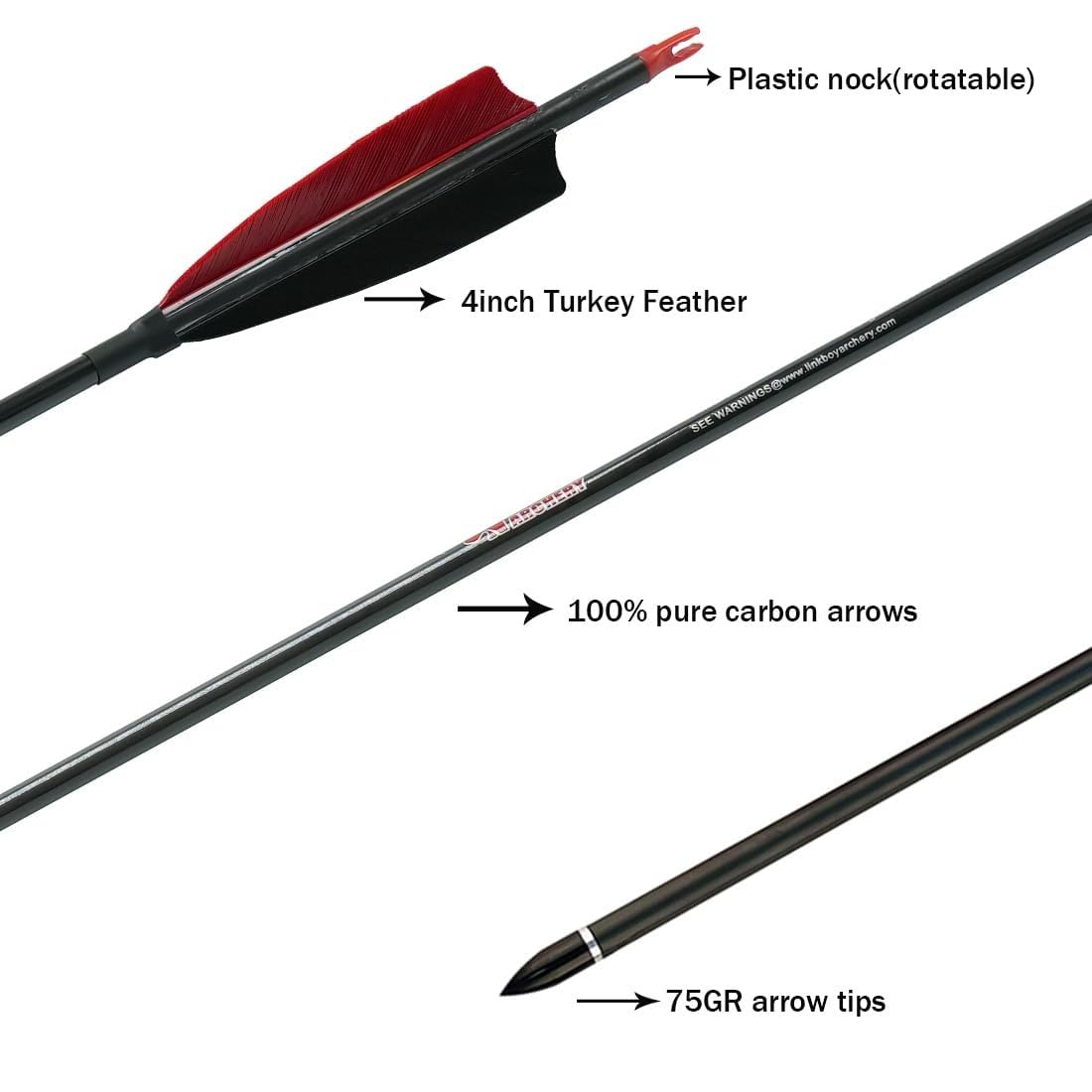 Linkboy Archery Pure Carbon Arrows Spine 300 340 400 500 600 700 800 900 1000 for Compound Recurve Bow Hunting Shooting Target 12pcs