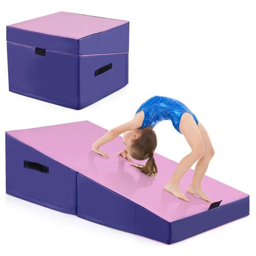 Foldable Gymnastics Incline Mat, Purple and Pink, 48 x 24 x 14 inches, Exercise Jumping Box with EPE Foam, Multi-purpose Training Equipment