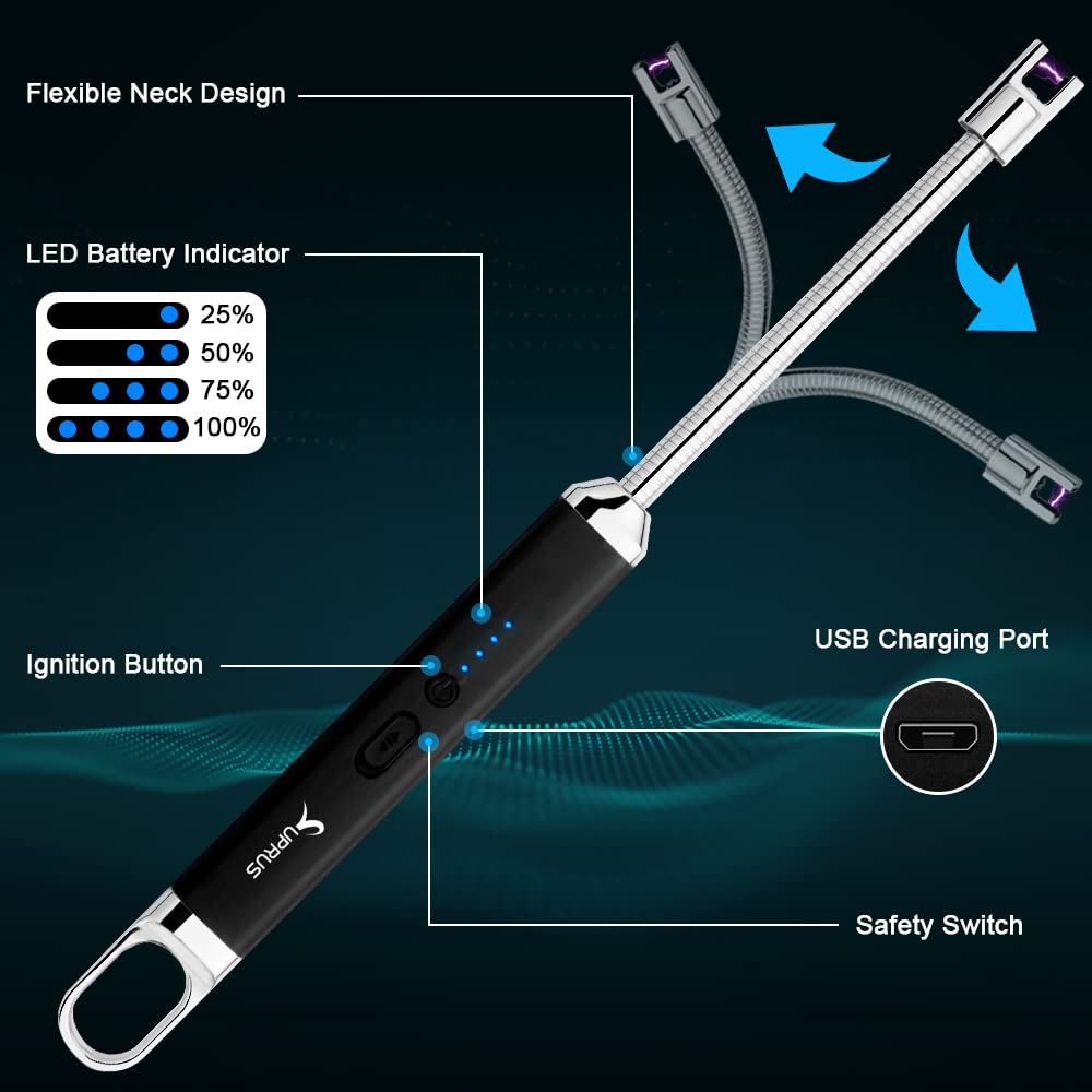 SUPRUS Lighter Rechargeable USB Lighter Arc Electric Lighetrs with Safety Switch 360° Flexible Neck Flameless Grill Long Lighters for Candle Camping Cooking (Black)