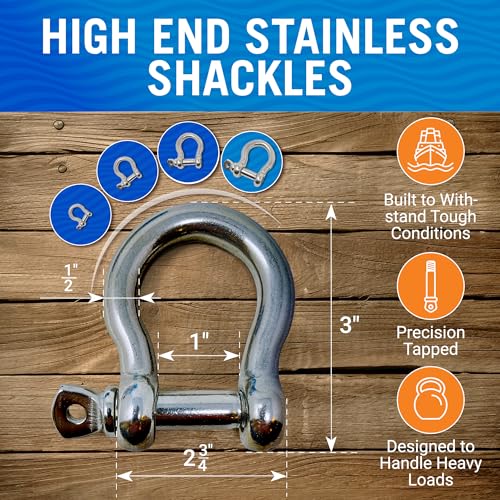 1/2 Inch Marine Grade Stainless Steel D-Ring Shackles - 4 Pack