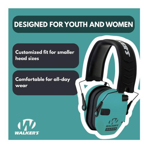 Walker's Razor Compact Electronic Ear Muff (Teal) for Youth and Women with (2-Pack) AAA Batteries Bundle with Protective Case (2 Items)