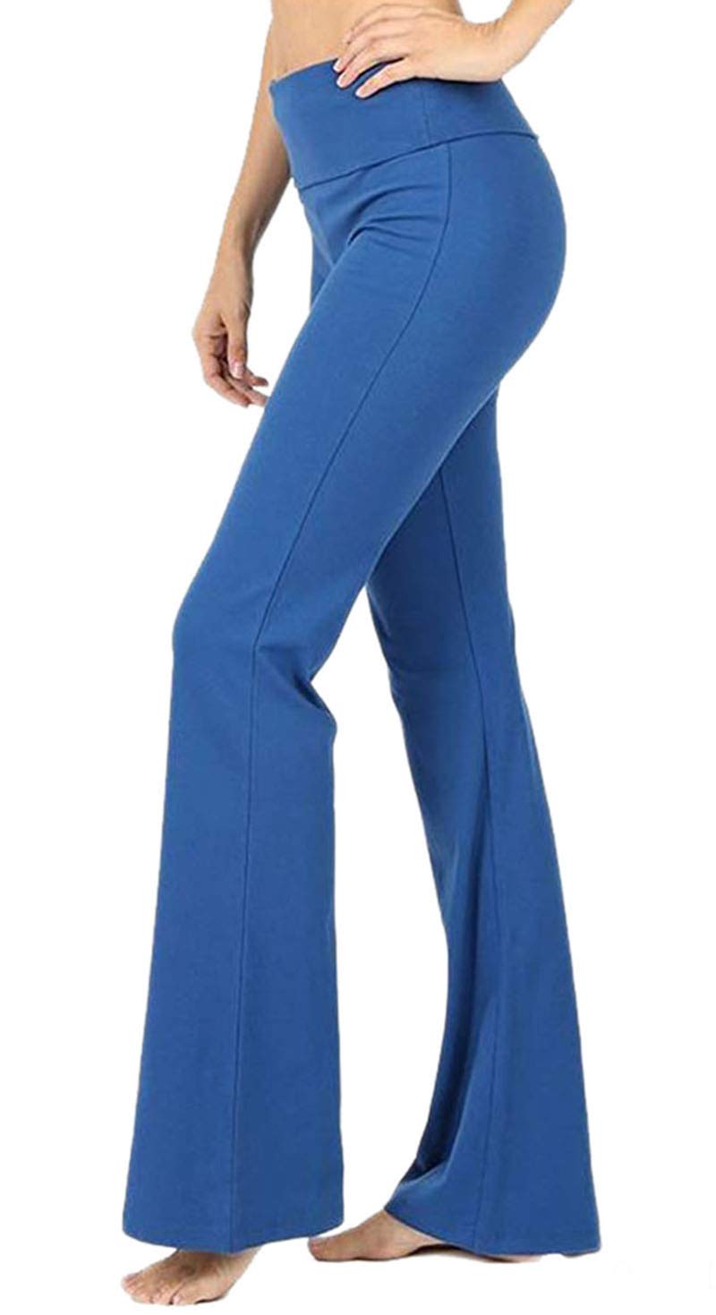 Zenana Fold Over Waist Cotton Stretch Flare Leg Boot Cut Yoga Pants Sapphire Large