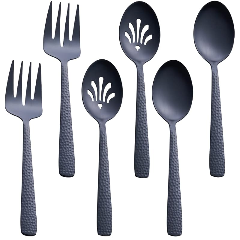 Matte Black 2 Spoons & 2 Slotted Spoons & 2 Forks Serving Utensil Set (FULLYWARE) - 9.5" Heavy-Duty 18/0 Stainless