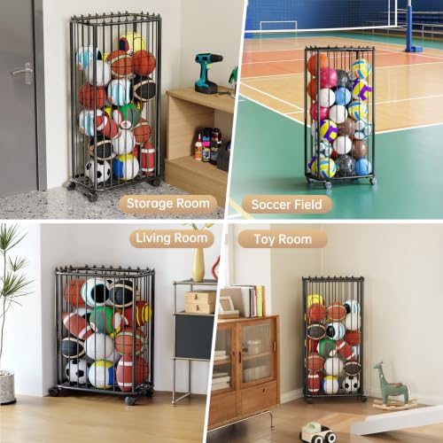 Black Garage Ball Storage Rack - Holds 20-25 Sports Balls, 22"L x 13.3"W x 45.6"H, Heavy Duty Metal Organizer