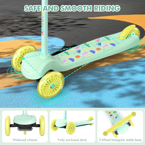 Kids Scooter with Light-Up Wheels - Mint, Adjustable 4-Level Height, 3-Wheel Toddler Scooter, Lean-to-Steer Design