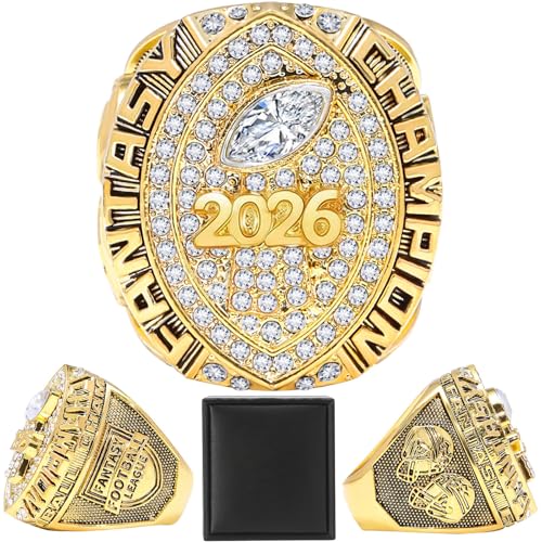 Gold Fantasy Football Championship Ring - 2026 League Winner Trophy with Gift Box (026-Gold / 11-D20.22MM-C65MM)