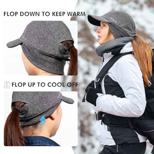 TOP-EX M/L/XL Unisex Water-Repellent Baseball Cap with Ear Flap Ponytail Hole Reflective Winter Hat Fleece Lining Hat