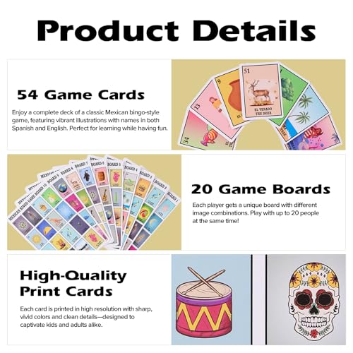 Mexican Bingo Game in Spanish & English for 20 Players - Puerto Rico Bilingual Card Set