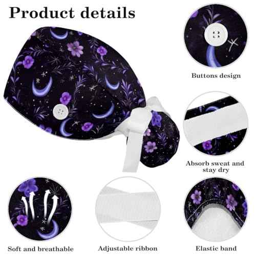 Scrub Caps Women, Surgical Caps with Buttons, Ponytail Nurse Hat, Bouffant Scrub Hats with Hair Scrunchy Adjustable, Moon Purple Floral Star Vintage Wildflower Pastorable