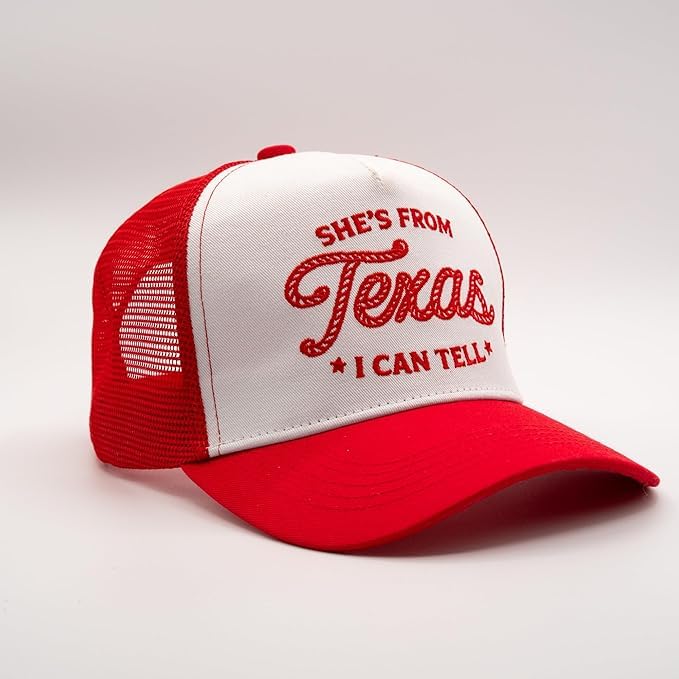Red & White M.O.Q. Trucker Hat with Western Texas Text - Lone Star Pride