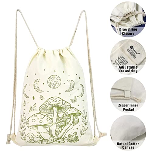 Mushroom Drawstring Backpack - Vintage Moon Aesthetic Canvas Bag - Cute