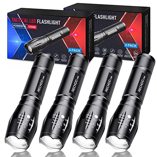 RECHOO Tactical Flashlight 4 Pack - Bright Zoomable LED Emergency Camping Light