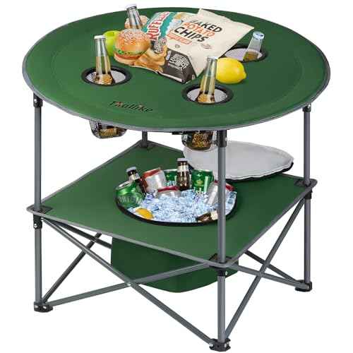 Portable Lightweight Folding Camping Table - Collapsible Foldable Picnic Camp Table with Cooler 4 Enlarged Upgraded Cup Holders and Carry Bag for Tailgating Beach BBQ RV Hiking Party Travel