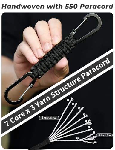 Black Paracord Keychain with Carabiner Clip - Durable Braided Lanyard Set