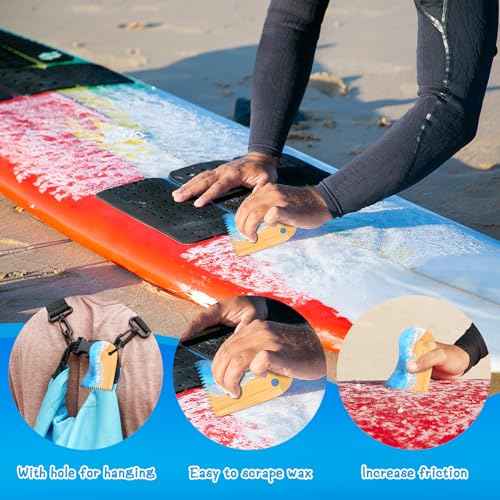 Surfboard Wax Comb Bamboo Surfboard Wax Scraper Surfboard Wax Removal Tool Surf Wax Comb with Hole Surfboard Accessories for Surfing Board Men Women Surfer Gift Ocean Wave Pattern