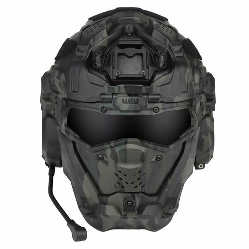 ROUASD Tactical Helmet for Mens, Black CS Helmet Protective Gear Built-in HD Headset & Anti-Fog Fan & Goggles, Adjustable 52-62cm for Airsoft & Hunting Outdoor Games