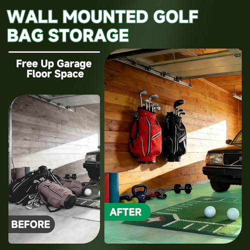 2 Pcs Wall Mounted Golf Bag Hangers for Garage Storage, Adjustable Steel Golf Organizer