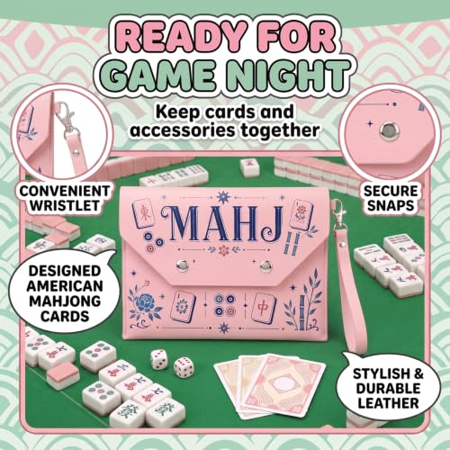 Pink Mahjong Card Holder with Magnetic Closure - Faux Leather Travel Storage