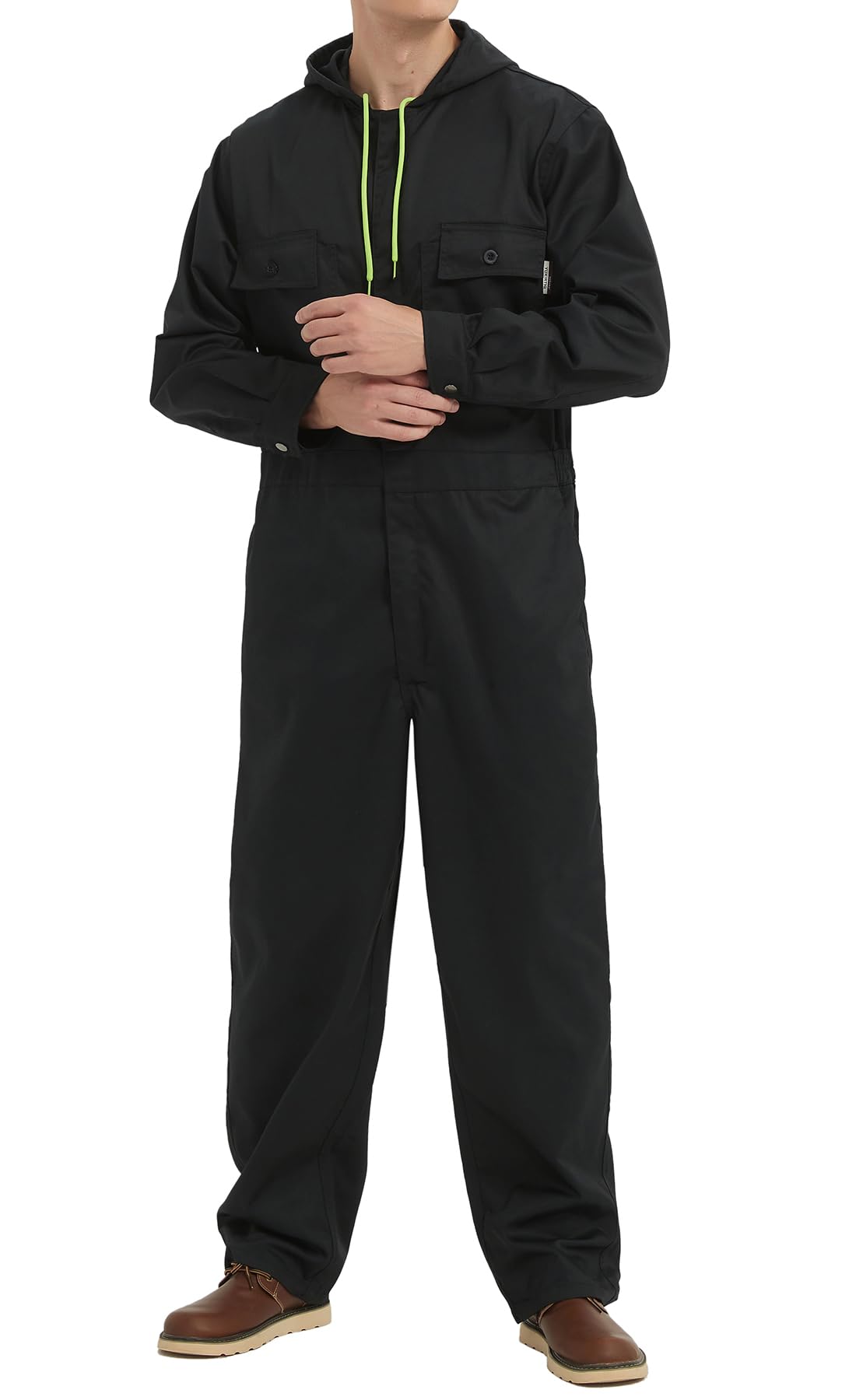Yukirtiq Mens Cotton Blend Long Sleeve Coverall Multi Pockets Zip Overall Mechanic Work Jumpsuit with Hood, Black, S