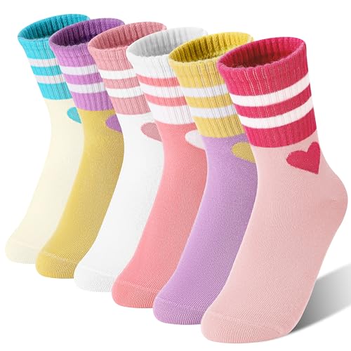 Kids Girls Athletic Sport Socks 9-15 Years Heart Design 6 Pairs Breathable Cotton Crew Socks