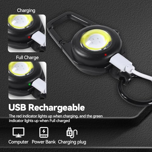 Retractable Keychain Condenser Flashlight 300 Lumens Rechargeable 4 Working Modes with Key Ring and Quick Assembly Ring 30 Inch Dyneema Cord for Work Light,Fishing, Camping, Hiking,Emergency (Black)