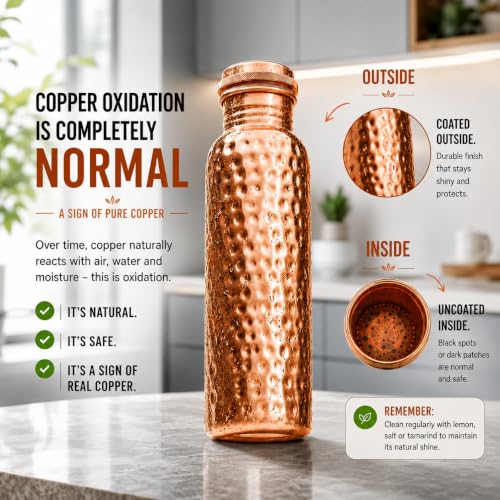 Copper Water Bottle 32oz Hammered Pure Copper Drinking Vessel with Leak-Proof Cap & Canvas Bag