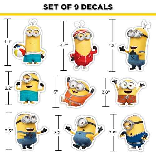Despicable Me Minions Car Decals - Set of 9 Bob Stuart Kevin Vinyl Stickers for Truck Water Bottle Bike Helmet Laptop Skateboard - Outdoor Rated Water Resistant Vinyl Decals