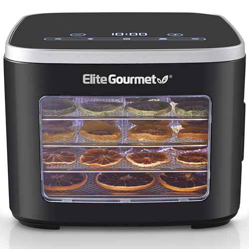 Elite Gourmet EFD809D Food Dehydrator with 5 Stainless Steel Trays, Adjustable Temp & Time + Keep Warm, Includes Interior Light, Fruit Roll Tray and Recipe Booklet, Black