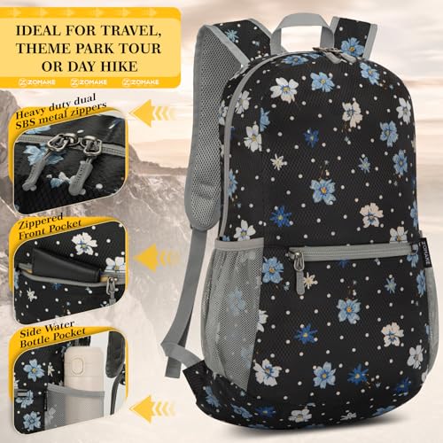 20L Foldable Travel Backpack - Packable Lightweight Day Pack with Water-Resistant Nylon - Black White Dot Floral