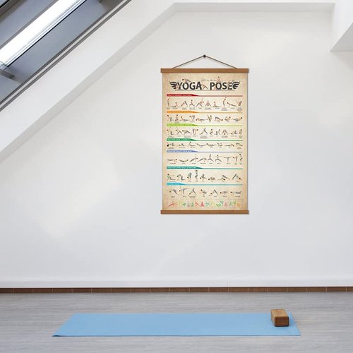 SAGUEYU Yoga Poses Poster Vintage Home Gym Full Body Workout Beginner Yoga Position Chart Canvas Prints Yoga Lover Gift 16" X 27" with Frame