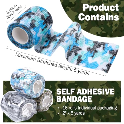 Camo Self Adhesive Bandage Wrap 16 Pack - 2 Inch x 5 Yards Elastic Cohesive Wrap for Sports, Wounds, Tattoos - Variation: Camo / 2IN - 16Pack