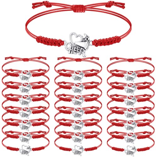 20 Pcs Cheerleader Charm Bracelets for Girls - Adjustable Cheer Team Jewelry - Red Variation