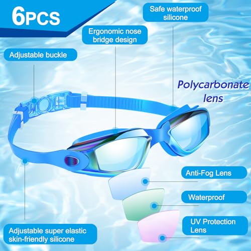 Swim Goggles for Adults and Kids - Lively Color, 6.3 x 1.8 Inches - Flutesan 6 Pack