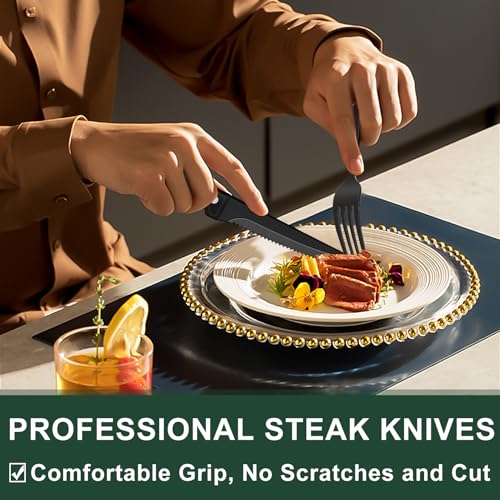 Black Silverware Set for 4 - 24-Piece Flatware Cutlery with Steak Knives - Round Hammered Finish