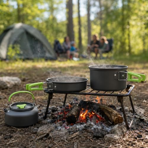 17-Piece Camping Cookware Set - 1.7L Pot, Frying Pan, Kettles, Cups & Utensils - Green