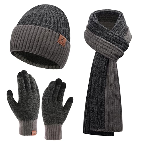 FZ FANTASTIC ZONE Mens Winter Knit Hat Beanie Long Neck Scarf Touchscreen Gloves Set Fleece Skull Caps Gifts for Men Women
