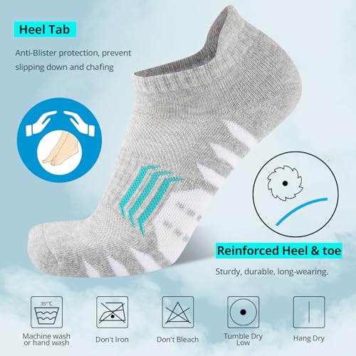 Ankle Socks Womens Athletic Cushioned Anti-Blister Running Cotton 6 Pairs - White Grey Black Variations Included